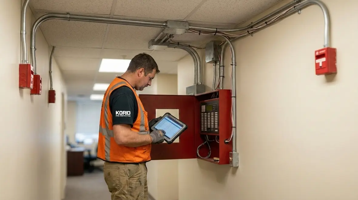 Technician reviewing emergency fire alarm signaling protocols on a control panel