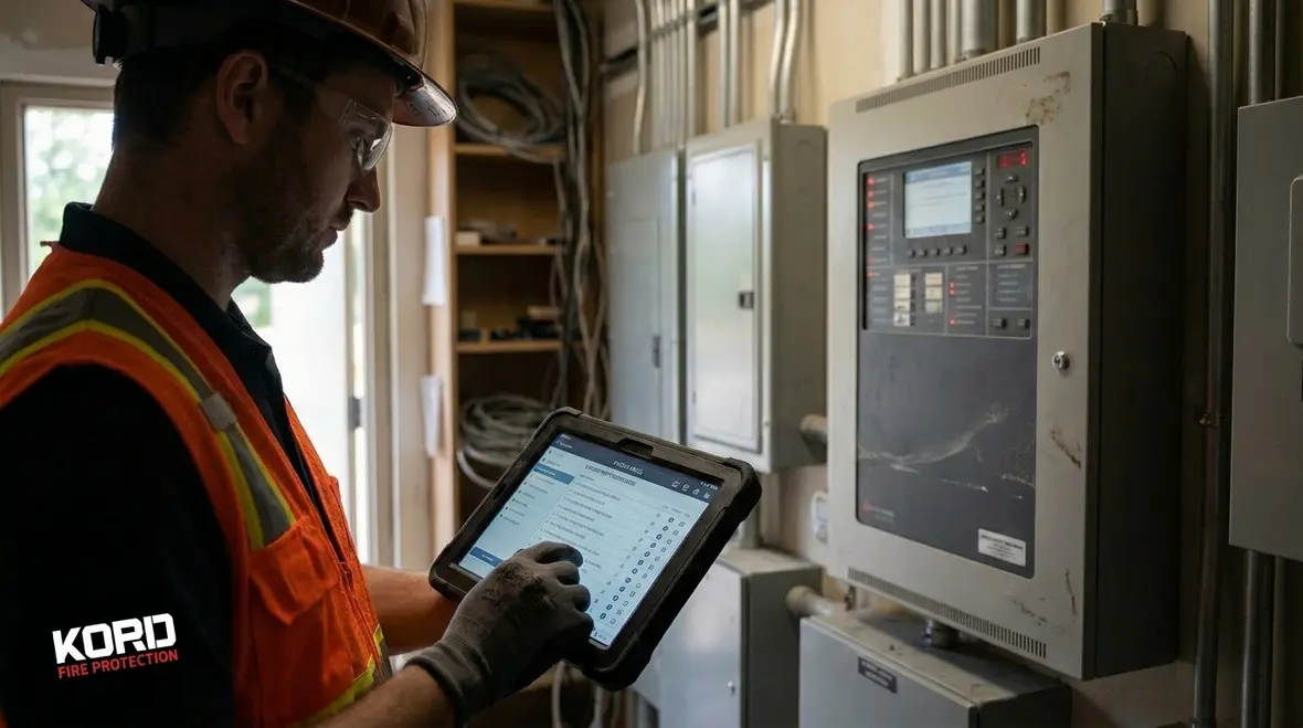 Technicians working on multi brand fire protection system integration and commissioning