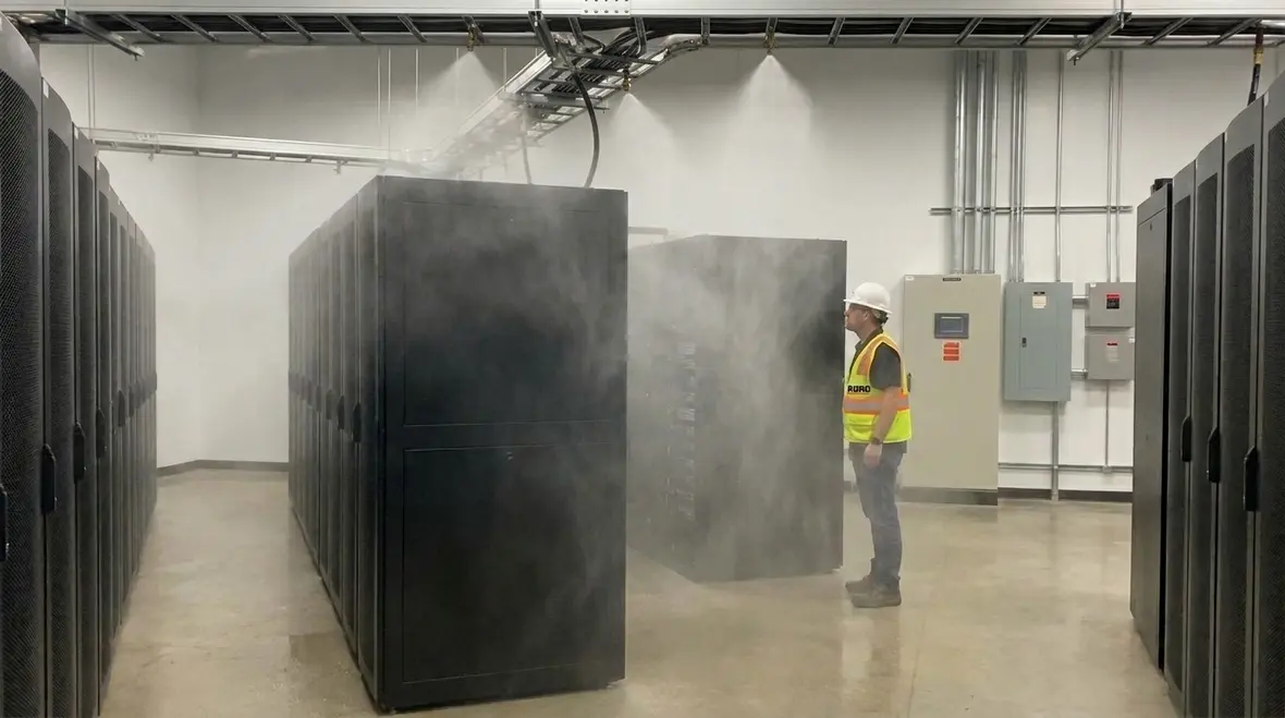 Ultra fog systems create a controlled mist cloud for fire suppression