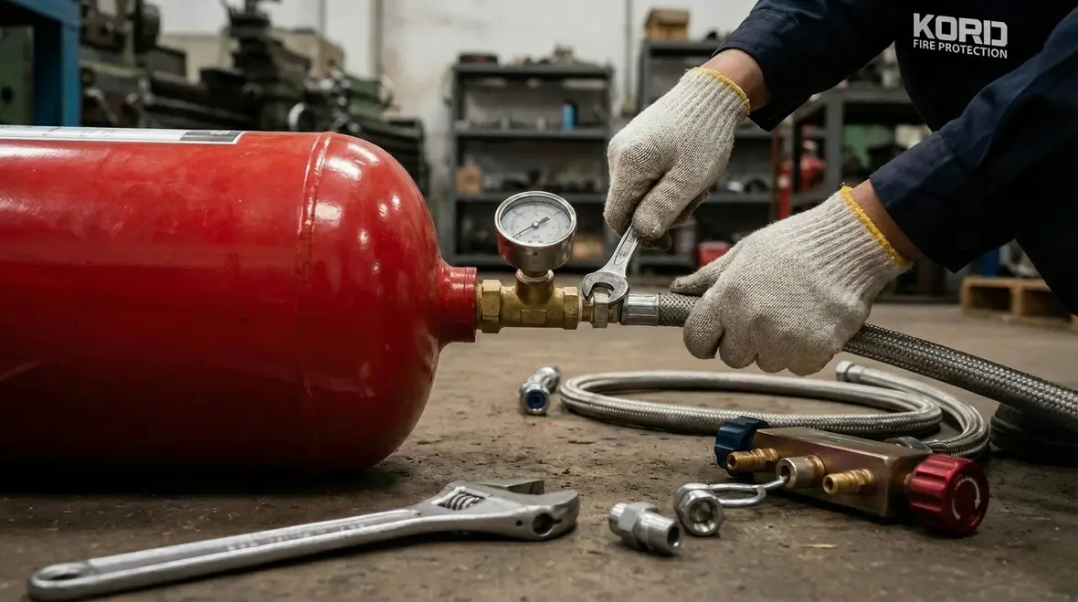 Technician performing fire system recharging after discharge