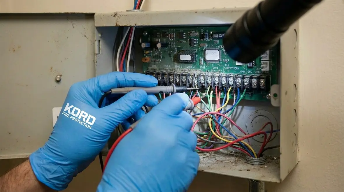 Technician inspecting fire alarm circuit wiring and panel connections