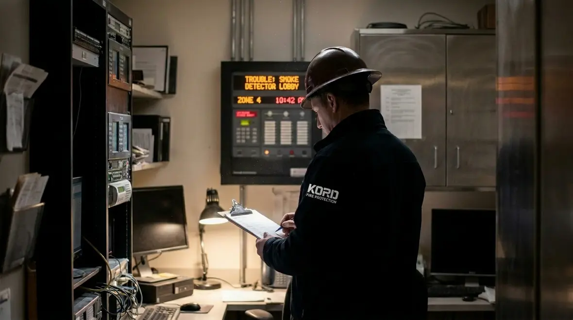 Manager reviewing fire alarm control panel trouble message