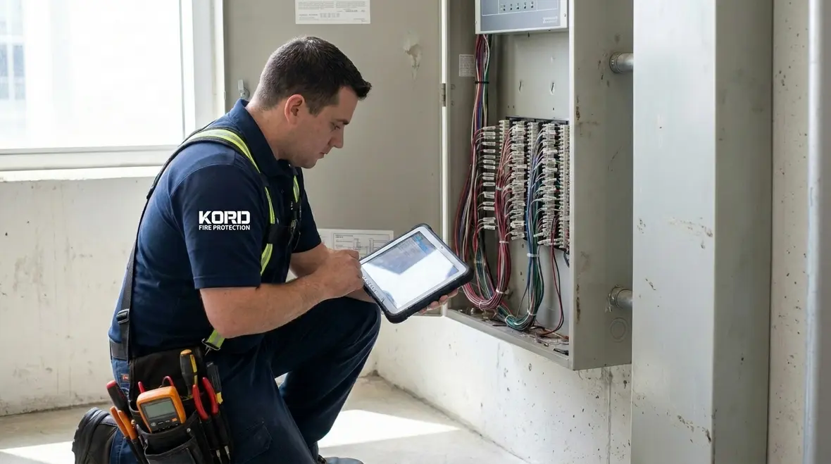 Technician reviewing fire alarm maintenance schedule checklist