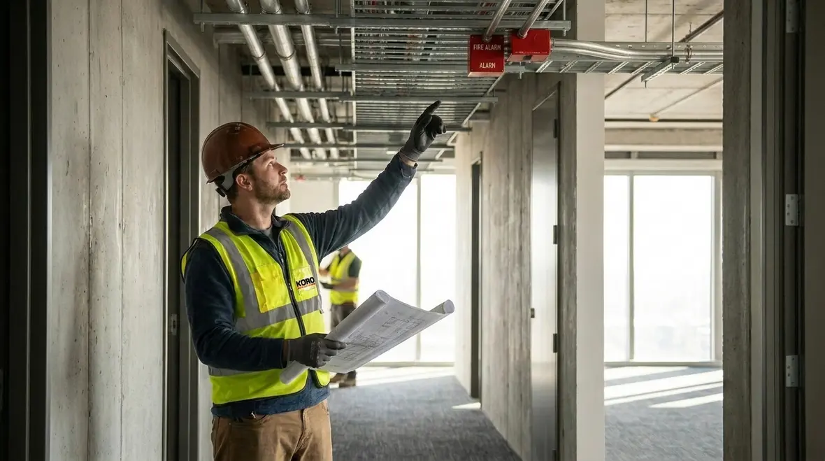 Technician planning fire alarm system cabling route through a commercial building