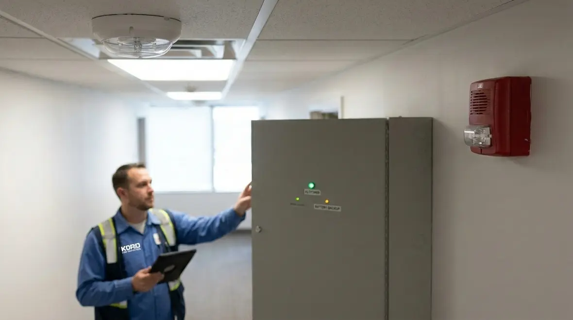 Technician testing fire alarm power continuity and supervision