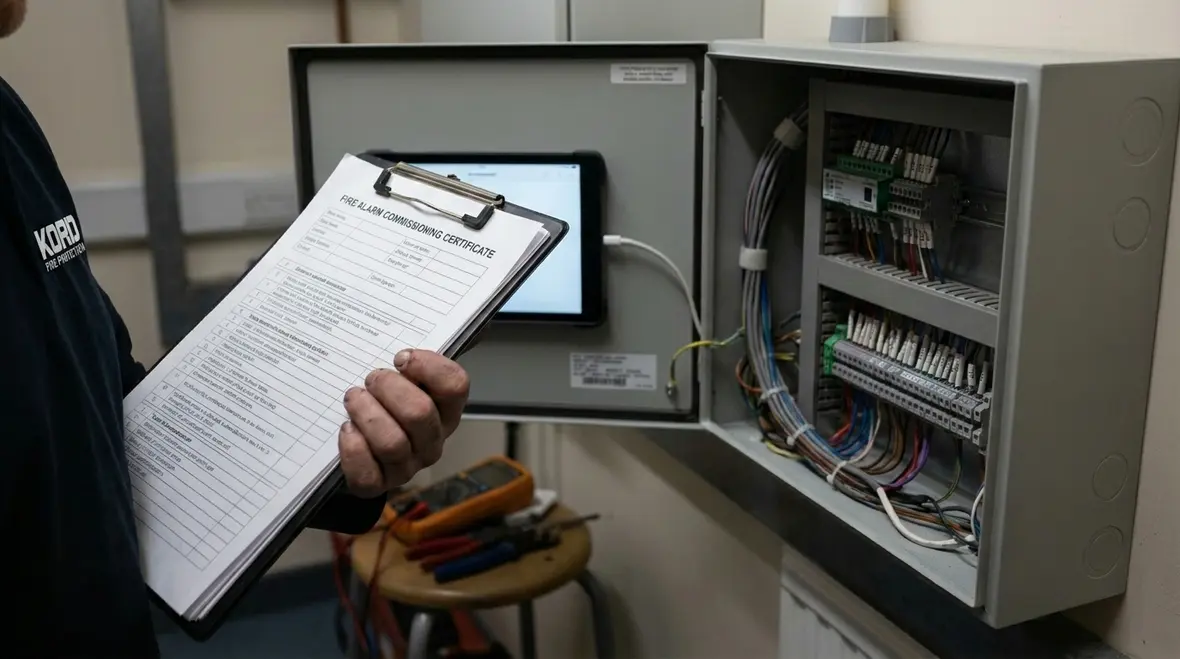 Technician checking fire alarm system indicators and commissioning documentation in a commercial building