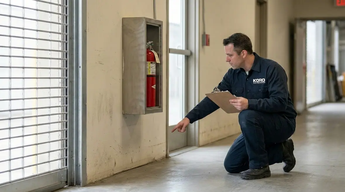 Fire extinguisher positioned for warehouse and occupant workflow access