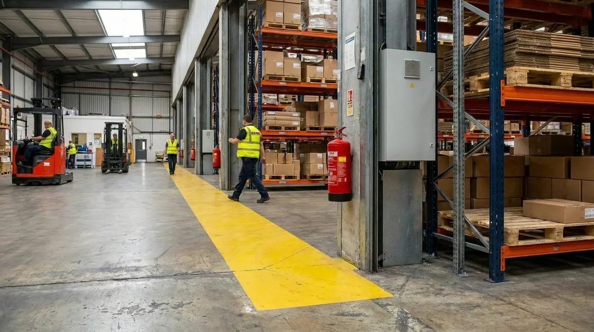 Technician evaluating extinguisher spacing and room coverage