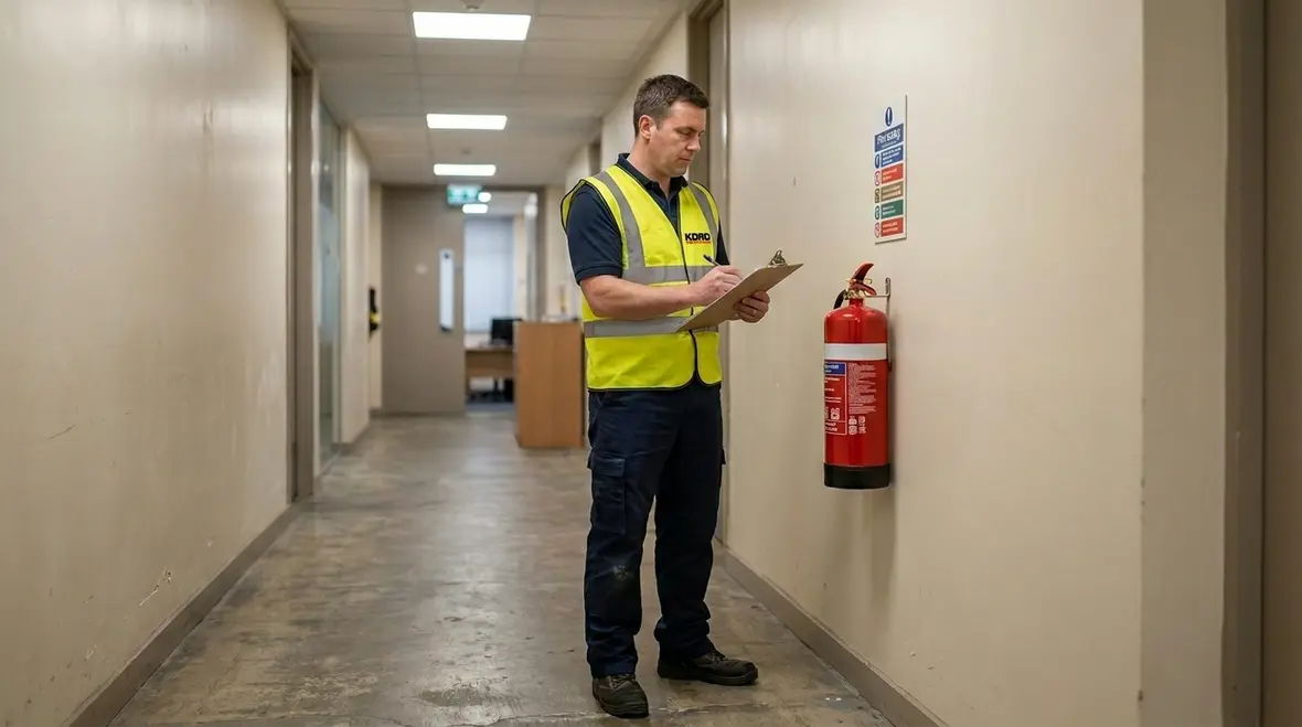 Mounted fire extinguisher placed visibly along a building travel path
