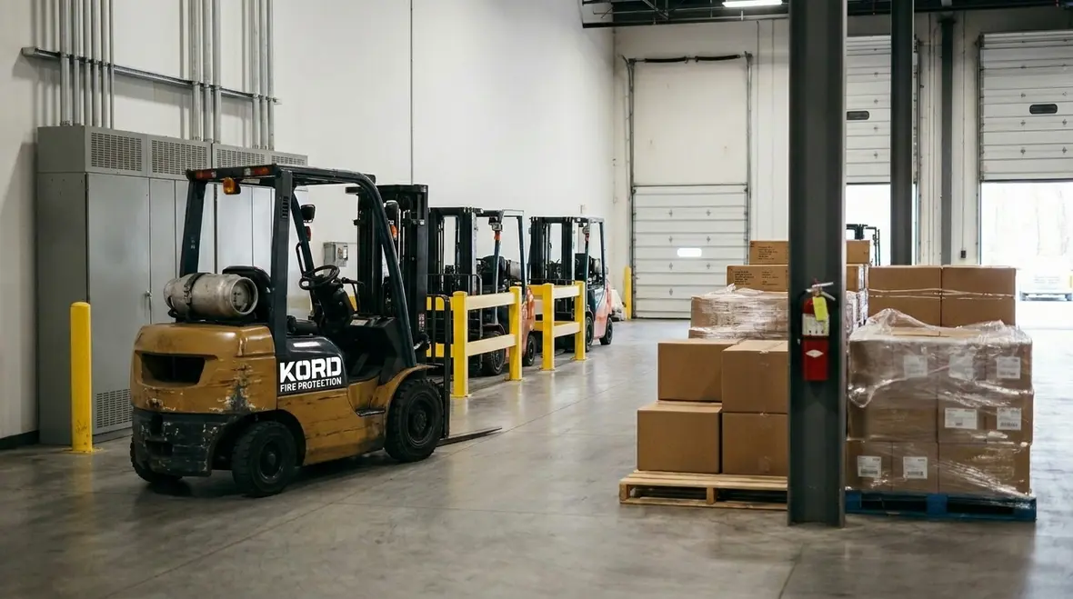 Warehouse extinguisher placement near aisle and dock routes