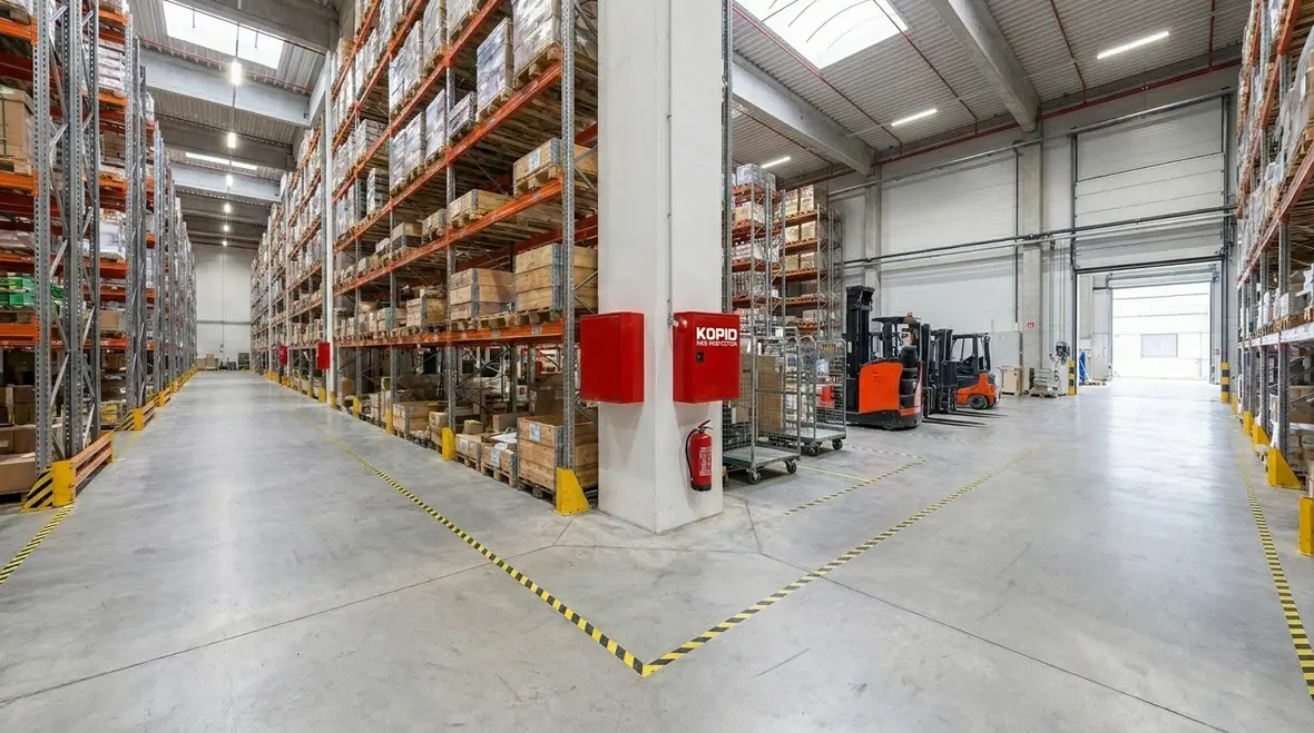 Warehouse aisle coverage and extinguisher access route planning