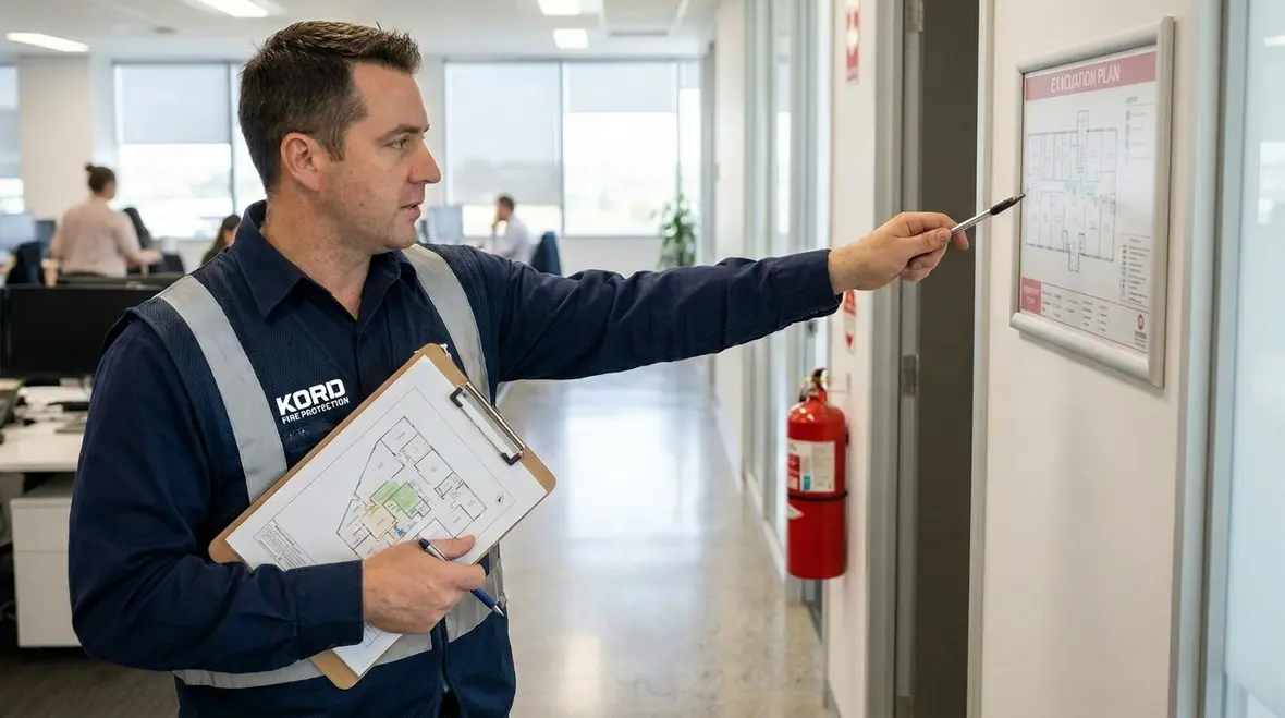 Commercial fire extinguisher placement near a workplace corridor