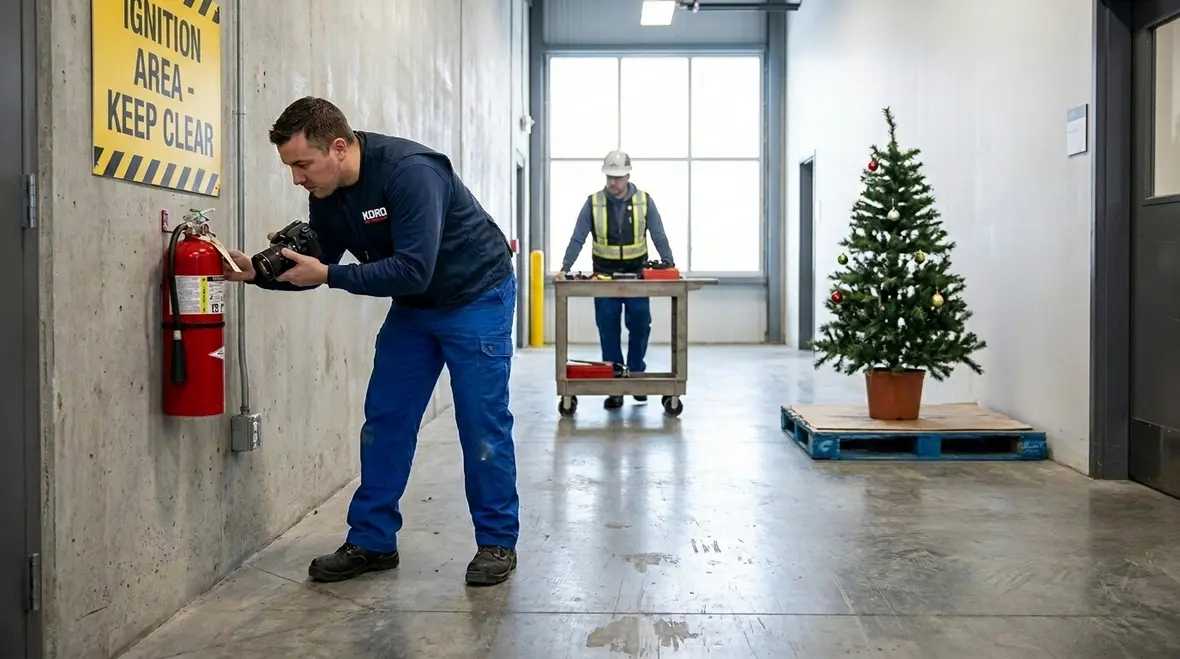 Technician evaluating fire extinguisher travel path in a commercial facility