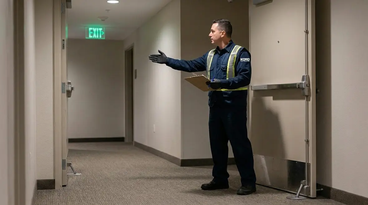 Technician reviewing fire alarm system integration