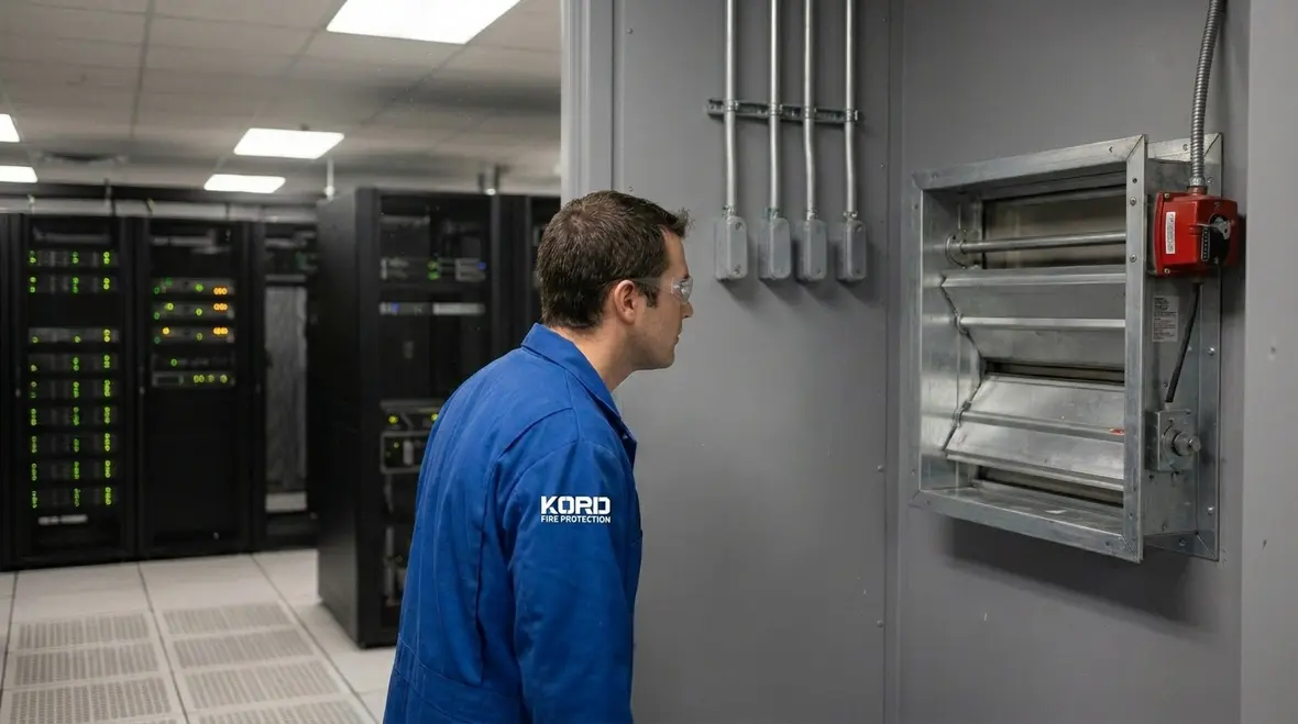 Technician evaluating fire zones and suppression coverage in a data center