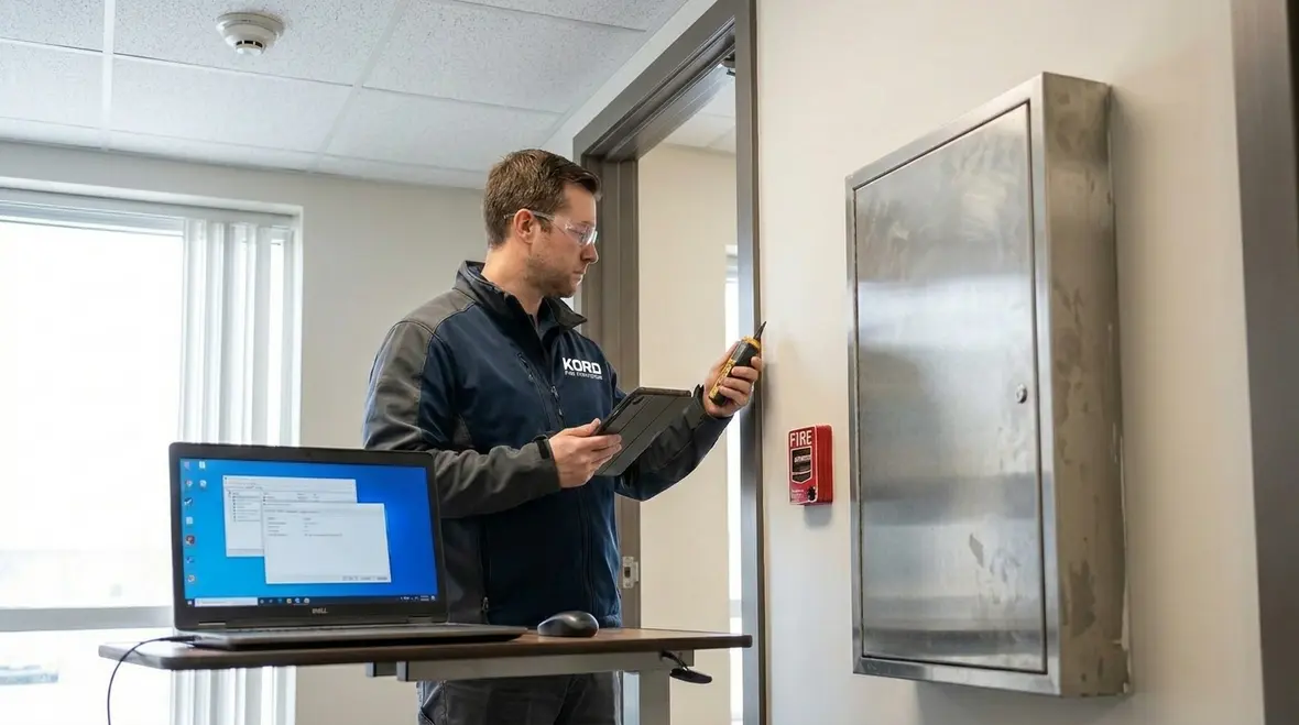 Technician reviewing fire protection system integration controls