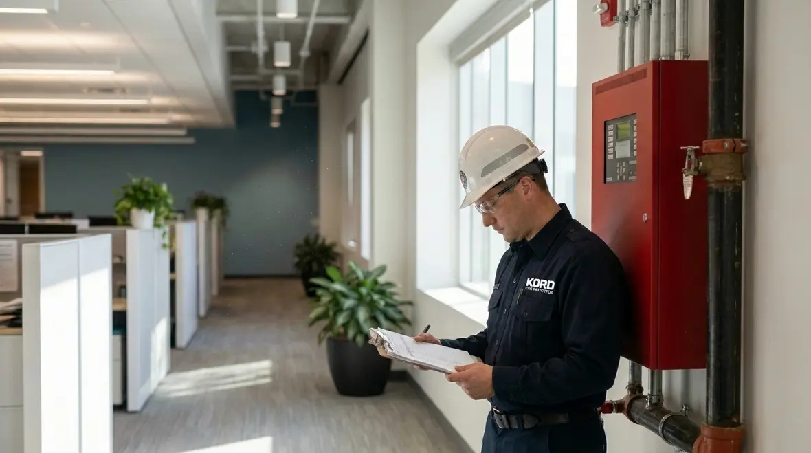 Technicians reviewing fire protection asset records and lifecycle dates