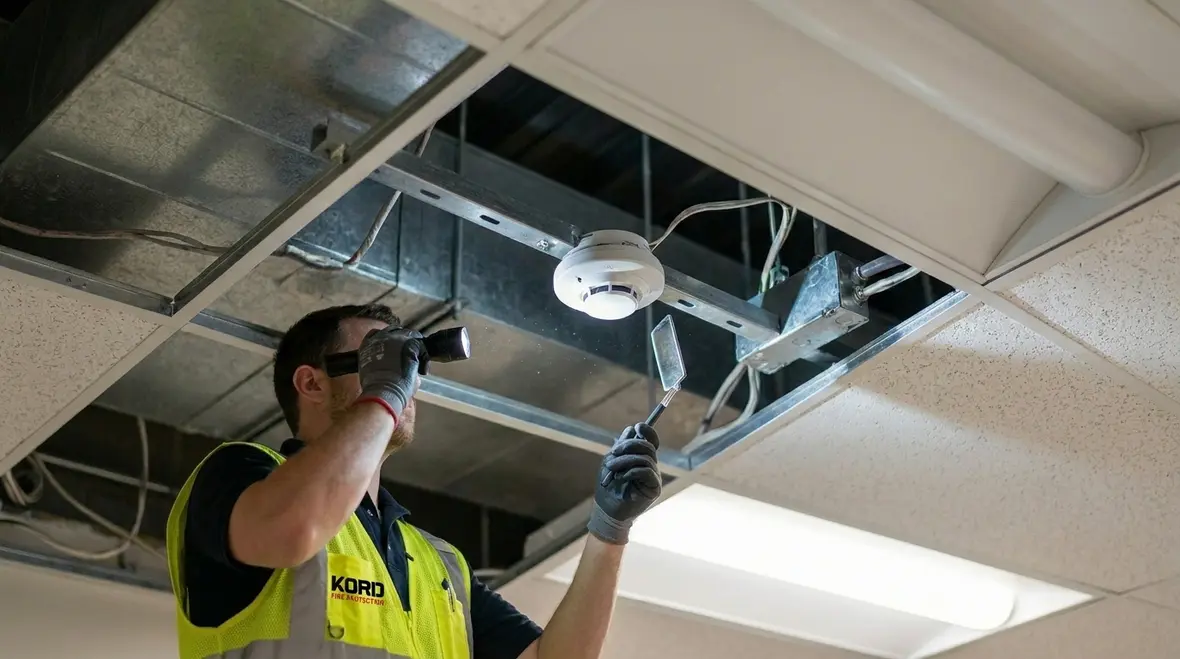 Technician reviewing fire alarm inspection and testing in a commercial building