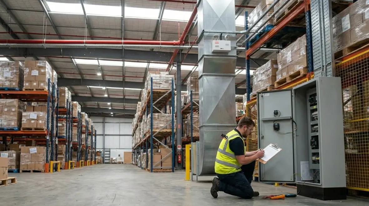 Fire protection technicians verifying system performance for engineered protection