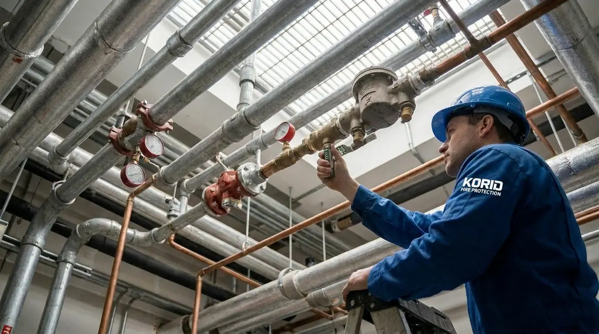 Technicians inspecting fire protection valves and monitoring system integrity