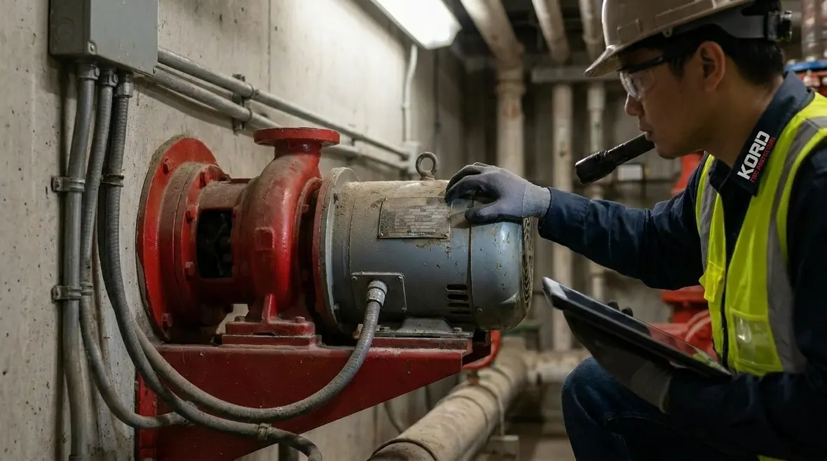 Technician inspecting industrial fire pump motor during routine maintenance