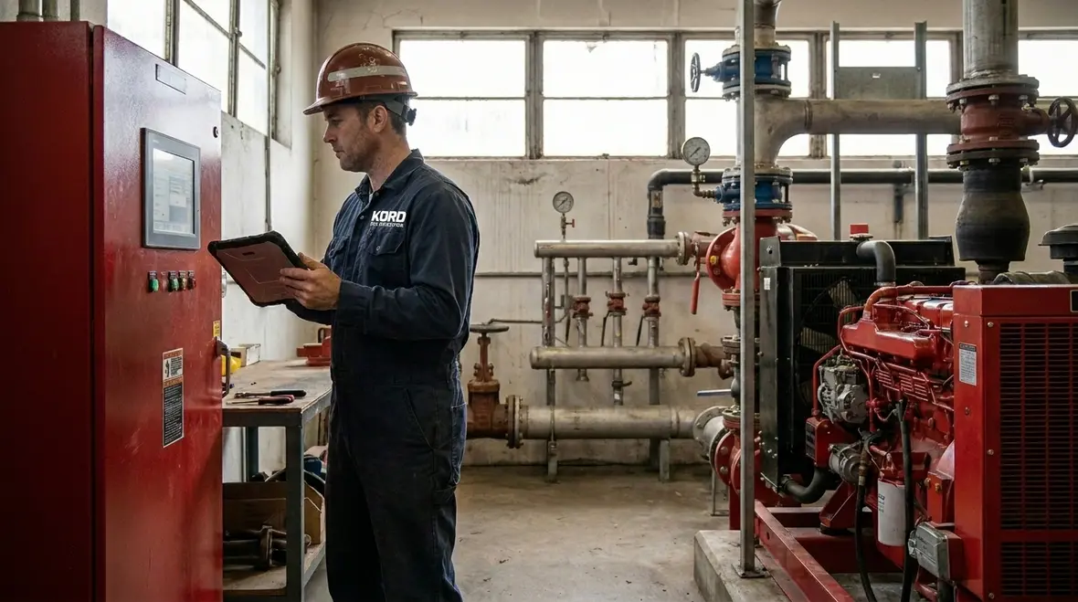 Technician reviewing fire pump motor startup controls