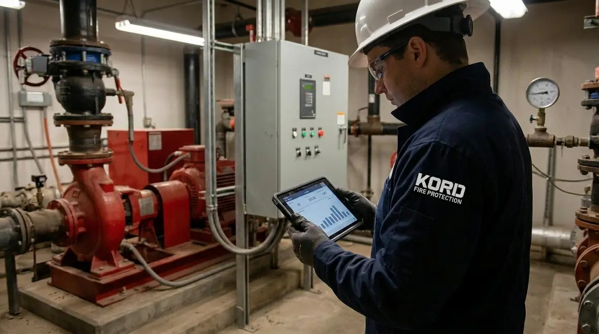 Industrial fire pump testing equipment and technician inspection