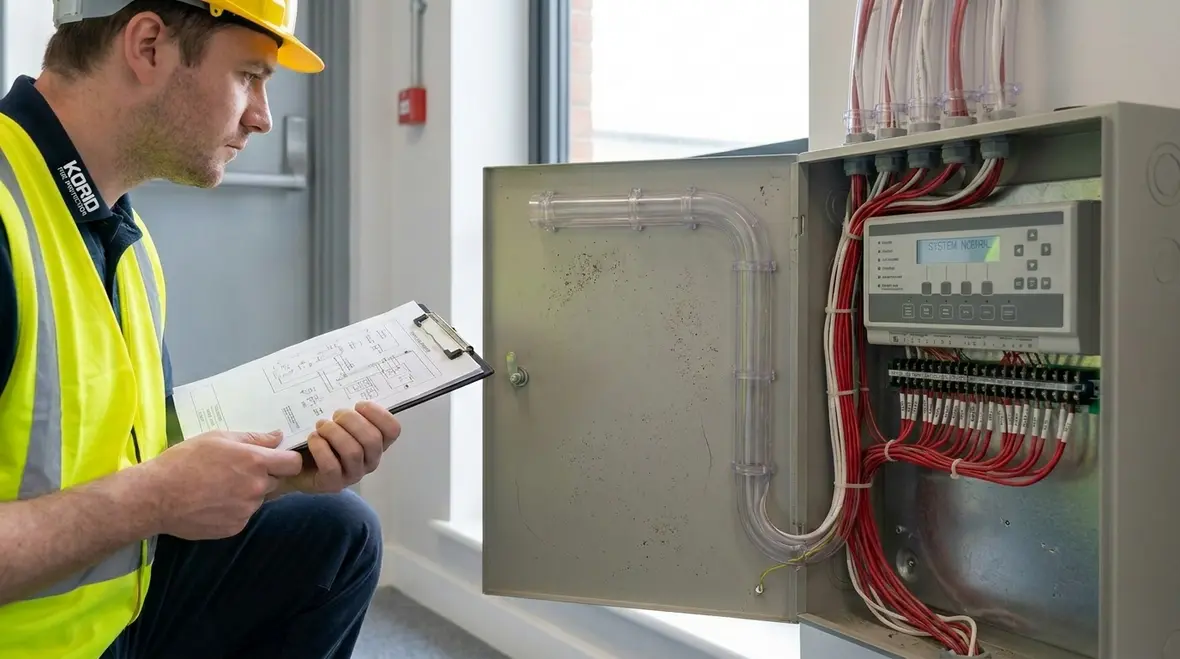 Technician inspecting life safety electrical wiring for fire safety compliance