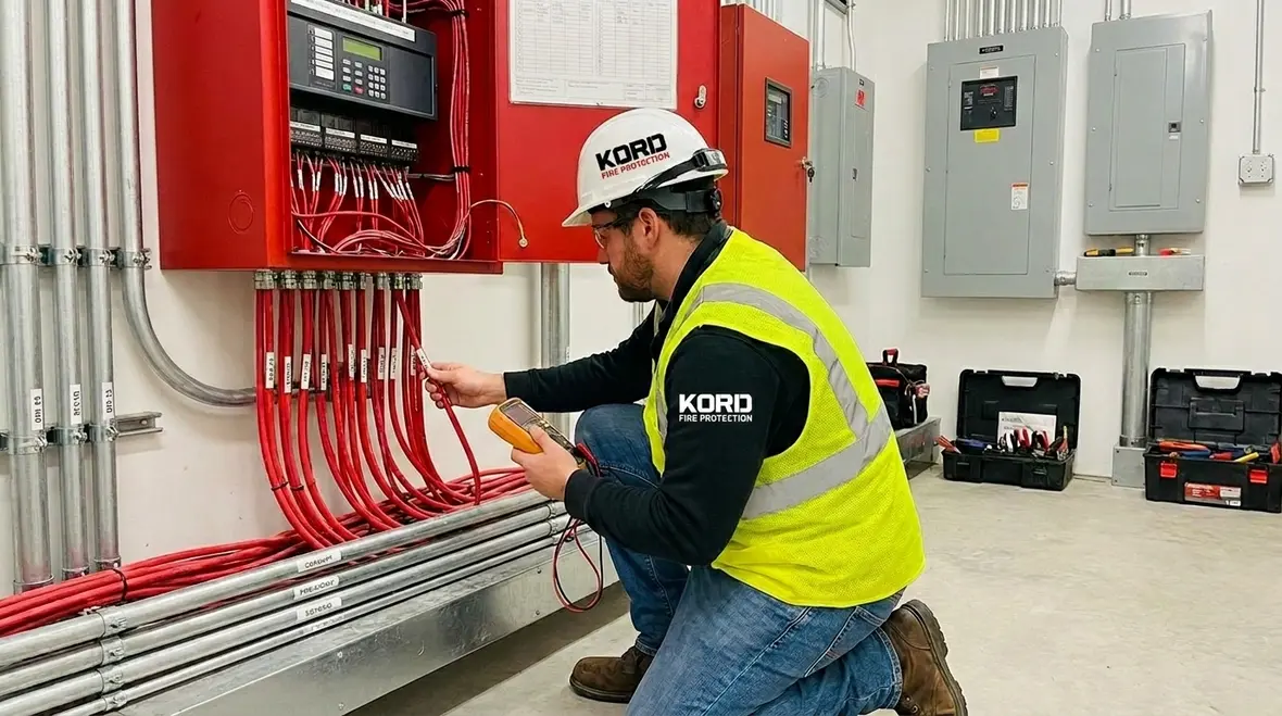 Fire safety electrical wiring compliance technician reviewing life safety system wiring