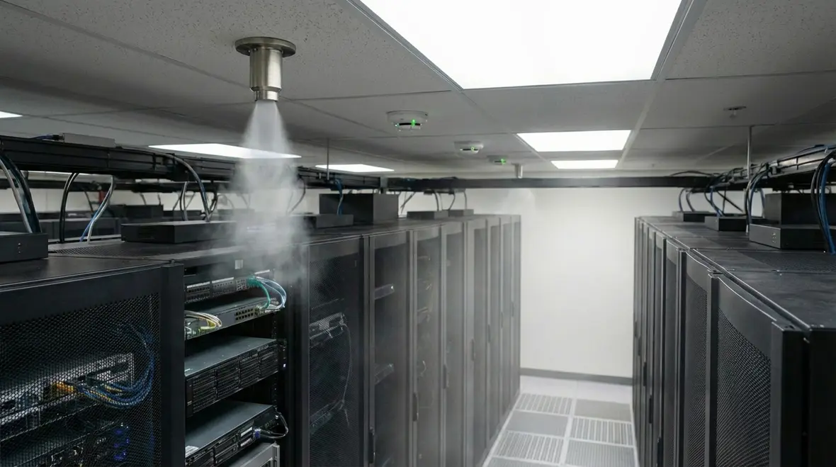 Technician inspecting data center clean agent fire suppression system