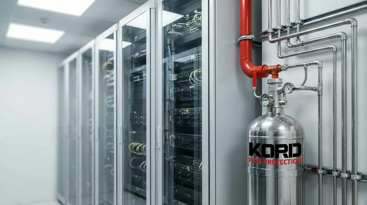 Technician evaluating traditional and clean agent fire extinguishers for server racks