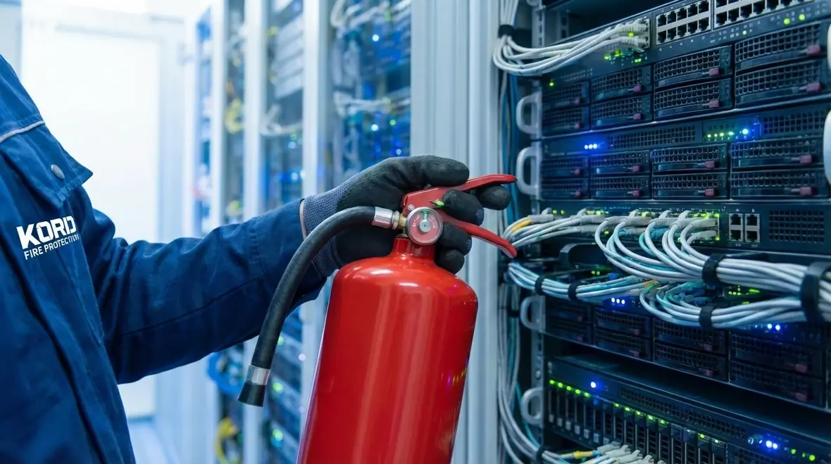 Server room protected by a clean agent fire extinguisher system
