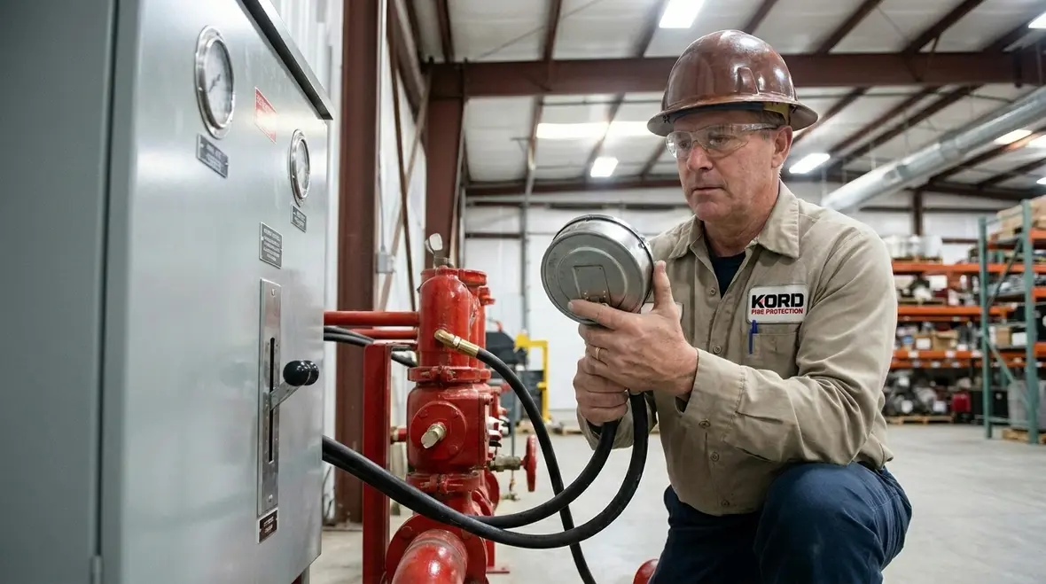 Technician performing fire suppression system pressure testing on gauges