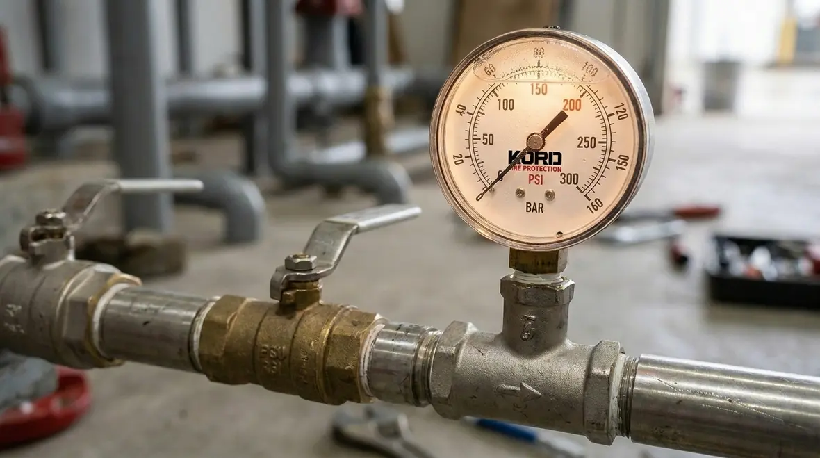 Fire suppression system piping and test equipment during pressure hold test