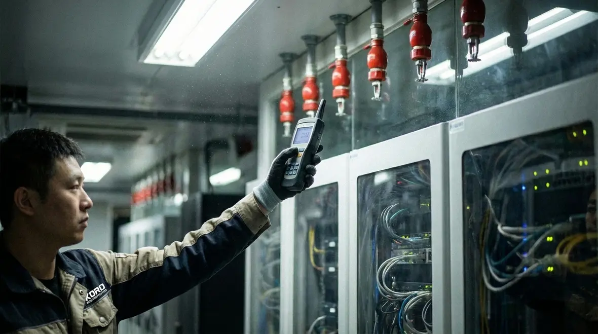 Technician inspecting environmentally friendly clean agent cylinders