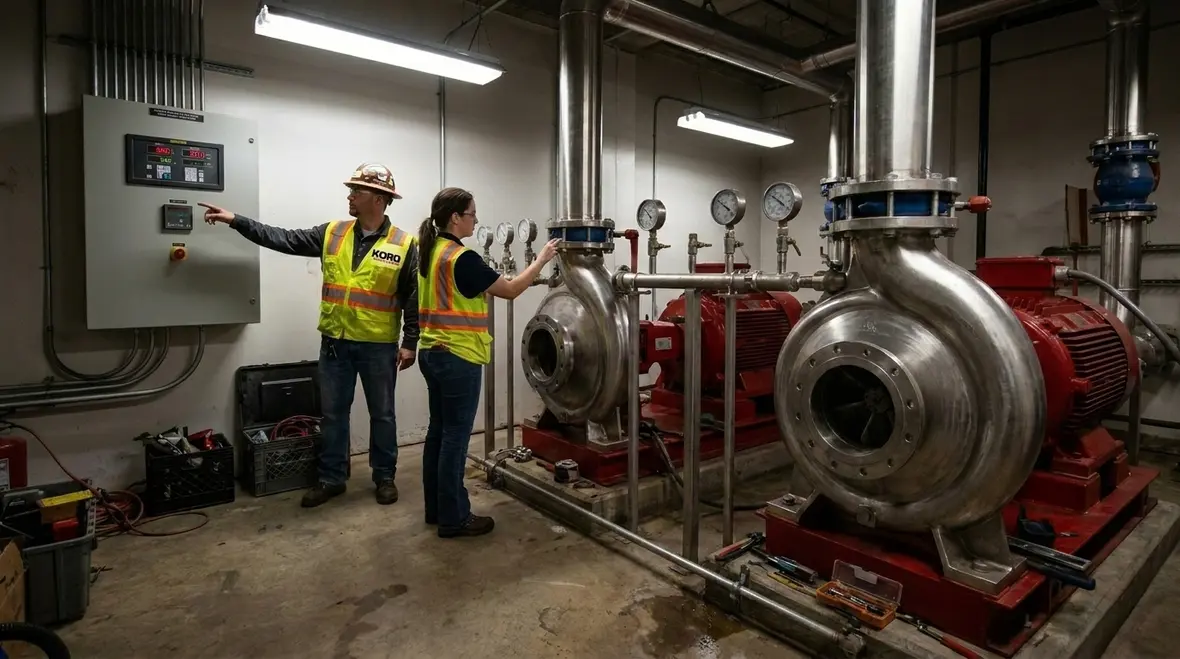 Technician evaluating standpipe hydraulic efficiency in a high rise building
