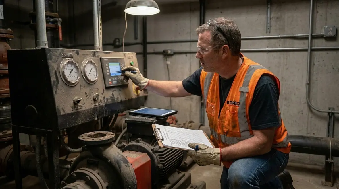 Technicians reviewing an industrial fire pump controller