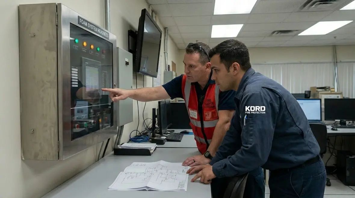 Technicians explaining a fire protection system