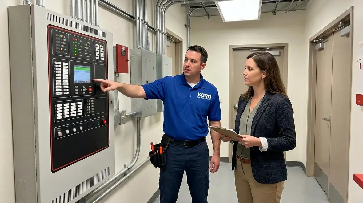 Technician reviewing integrated fire protection system