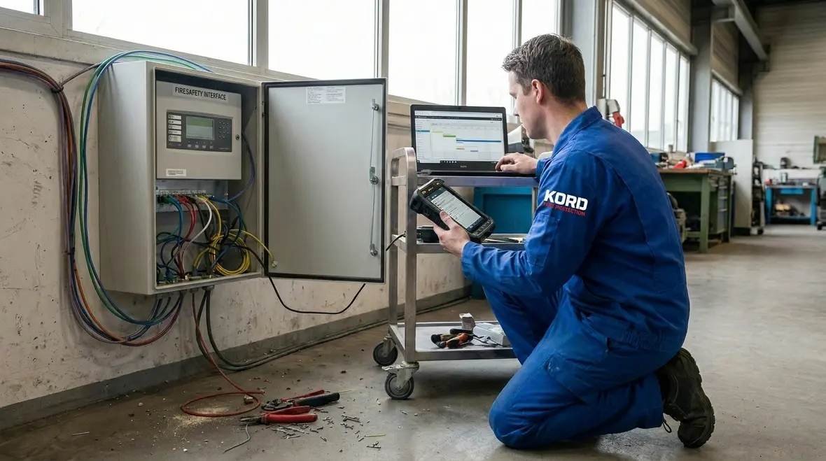 Technician commissioning integrated fire protection and building control systems