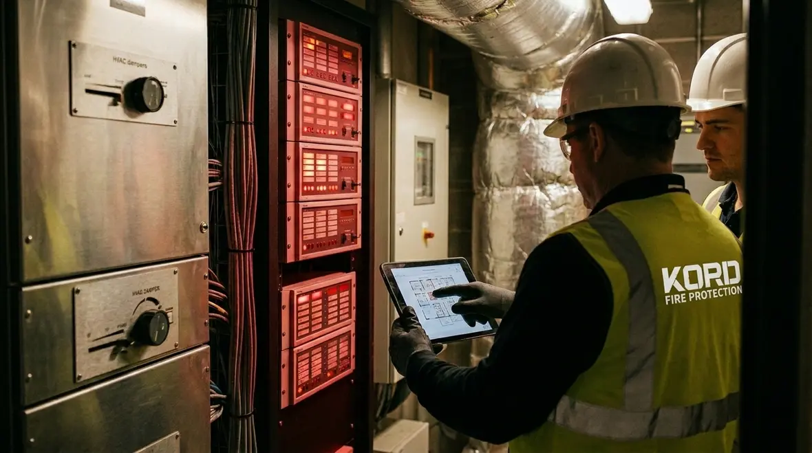 Fire alarm signals traveling through building management system dashboard