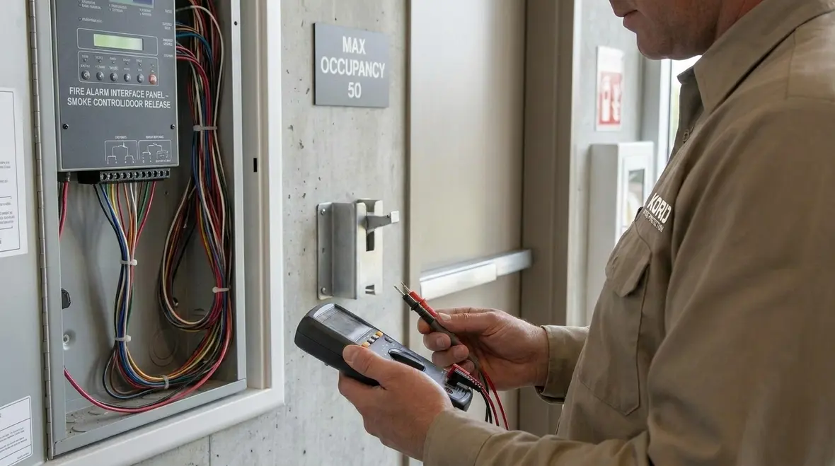 Fire protection technician reviewing integrated system documentation