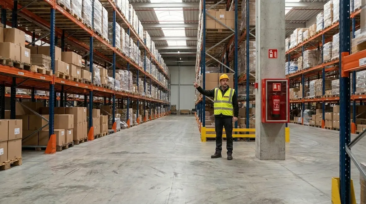 Warehouse aisle with visible portable fire extinguisher placement