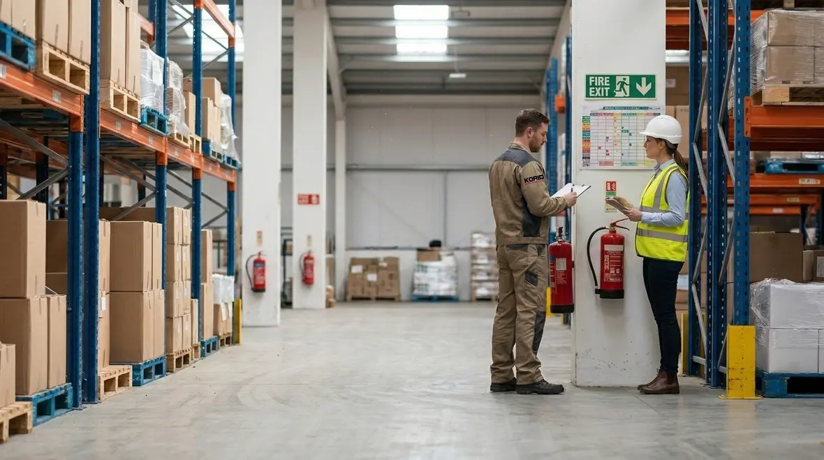 Warehouse fire extinguisher visibility and wall placement