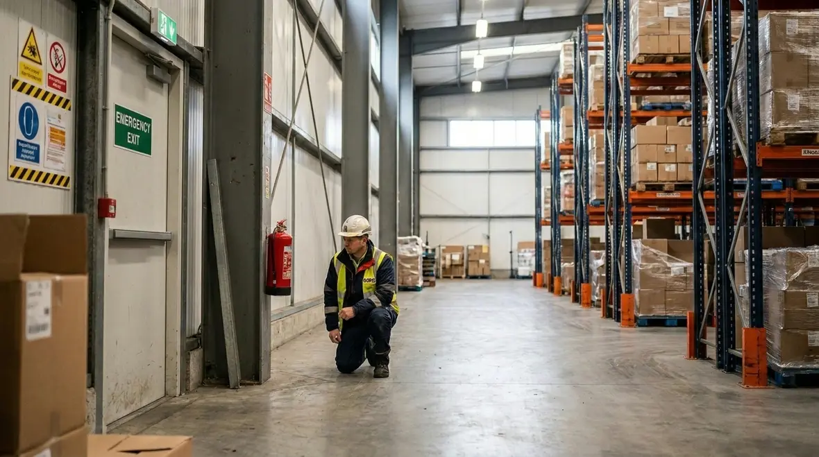 Warehouse aisle with portable fire extinguisher placement