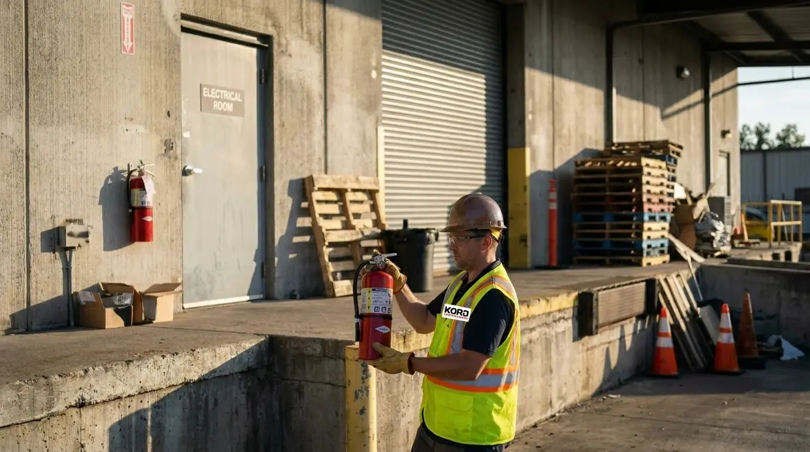Portable fire extinguisher mounted in a warehouse travel path