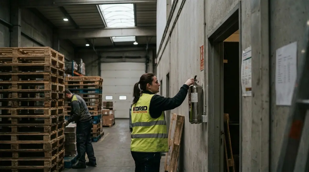 Portable fire extinguisher mounted near warehouse intersection
