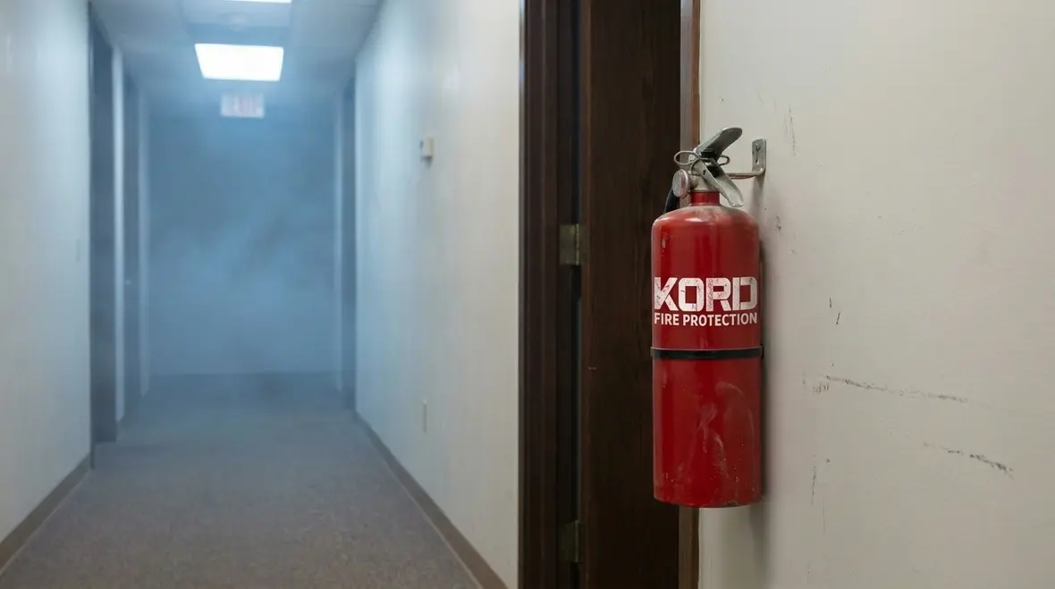 Portable fire extinguisher mounted in a commercial hallway