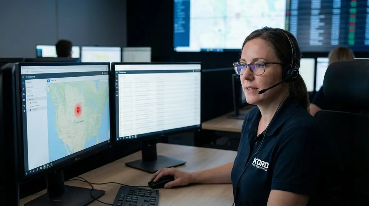 Technician configuring a commercial fire monitoring system