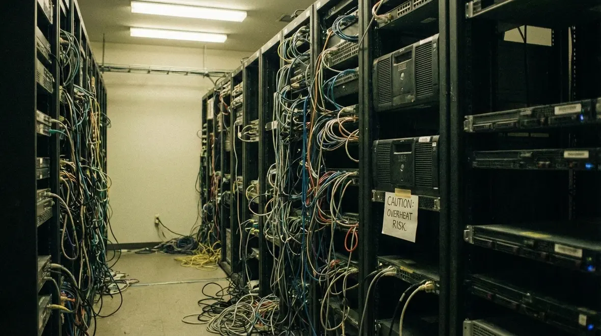 Overhead view of a small facility server room with fire suppression nozzles